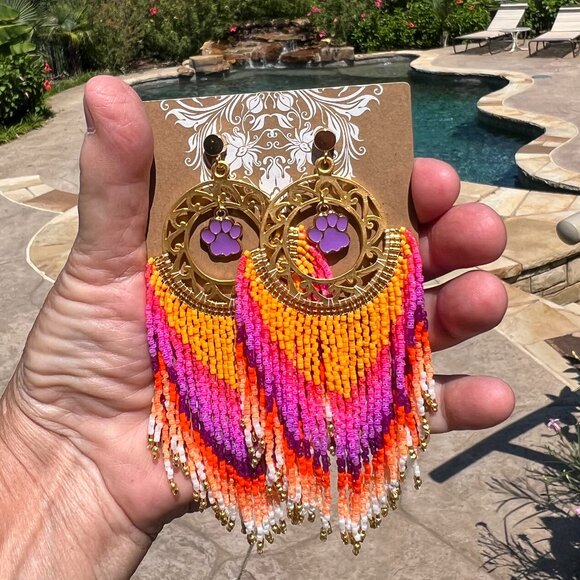 Handmade Beaded Long Fringe Paw Love Dangle Drop Lightweight Post Hoop Earrings - Picture 3 of 10